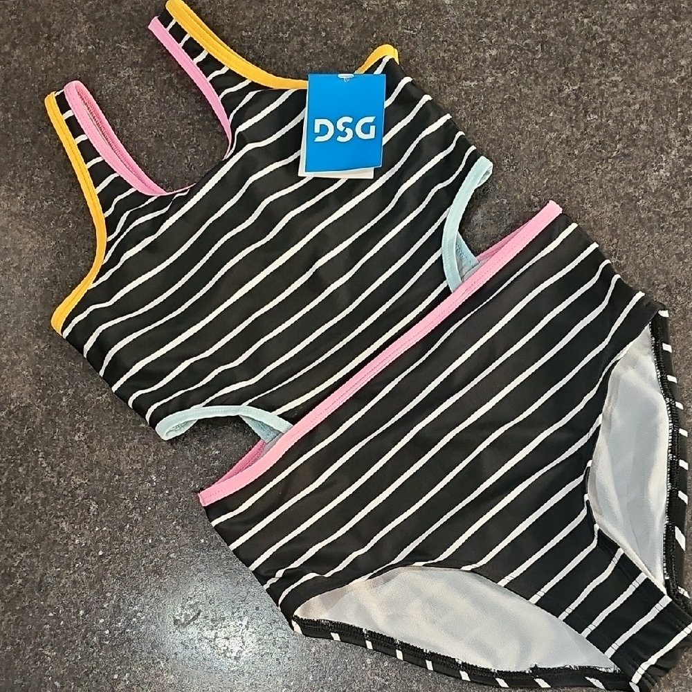 DSG Black and White Striped Swimsuit with Colorful Trim